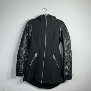 Guess Black Water Resistant Faux Fur Hood Quilted Puffer Moto Fitted Coat Size S